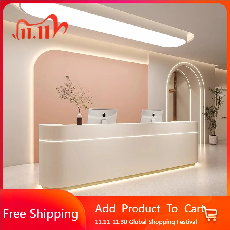 

Curved Industrial Reception Desks Aesthetic Minimalist Design Long Reception Desks Display Led Lights Bureau Lounge Furniture