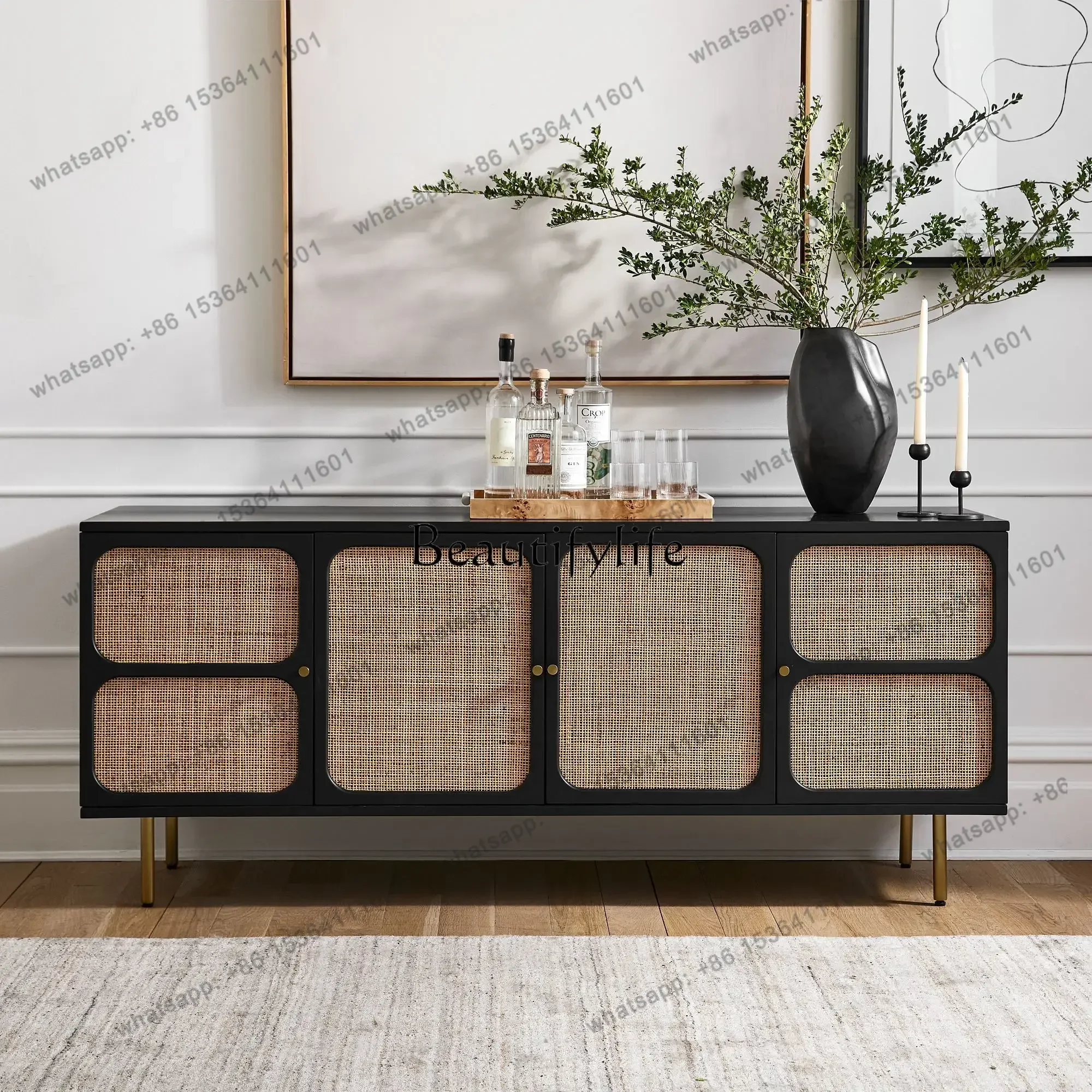 

Nordic Solid Wood Sideboard Cream Style White Rattan TV Cabinet Rattan Side Cabinet