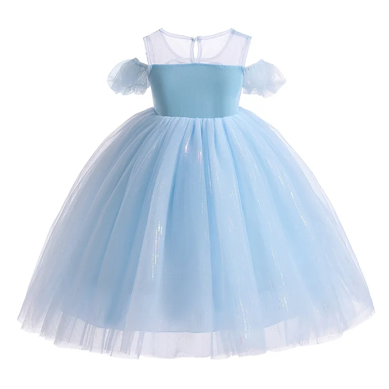 Blue Elegant Princess Dress Frozen Elsa Costume Girls Summer Short Sleeve Dress Little Girl Birthday Love Ball Gown Casual Cloth