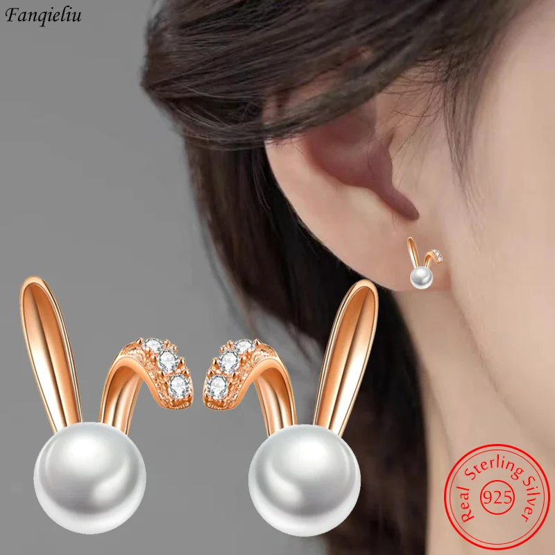 

Fanqieliu Real 925 Sterling Silver High-quality Jewelry New Rabbit Crysal Pearl Stud Earrings For Woman FQL23709