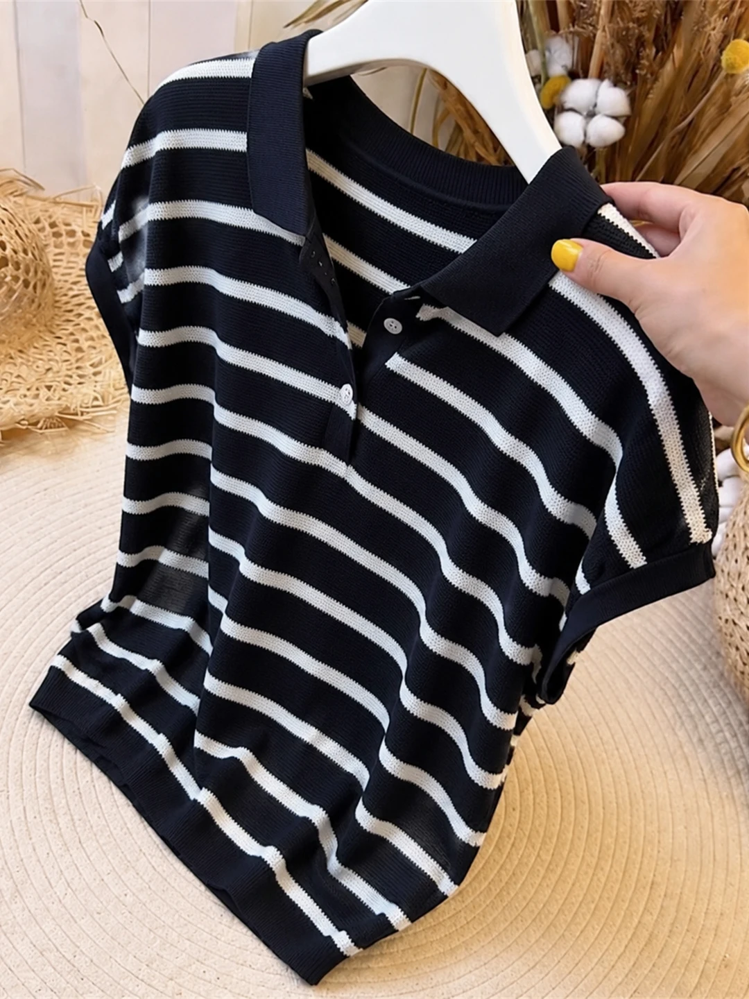 

Korean Style Knitted Neck Striped T-Shirt Half Open Front Short Sleeve Overhead Summer Top for Women Commute Fashion