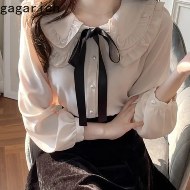 Gagarich Women Fashion Doll Collar Chiffon Shirt Long Sleeve Foreign Style Autumn Winter New Bow Design Fairy Top Blouse