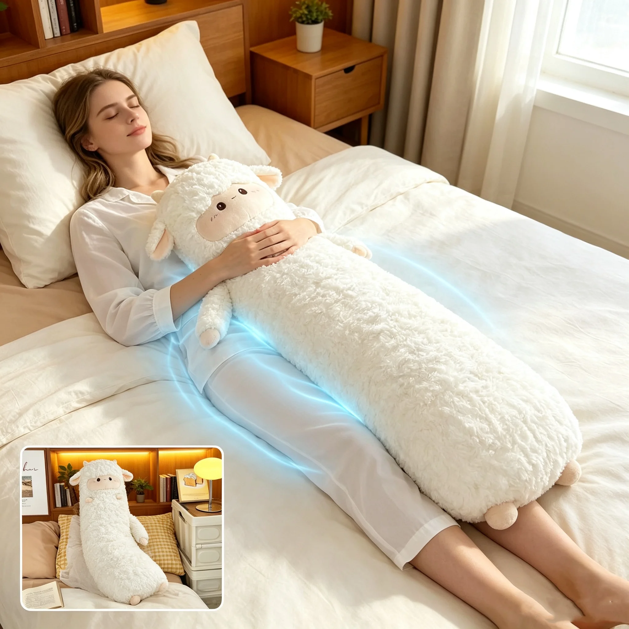 Cute White Sheep Long Body Pillow, Soft Fluffy Lamb Stuffed Animal Plush Pillow, Kawaii Cylindrical Hugging Pillow for Sleeping,