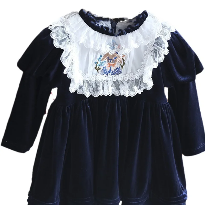 2024 Spanish Dress for Girls Kid Luxury Rabbit Embroidery Lace Velvet Dresses Child Boutique Design Frock Girl\'s Autumn Clothes