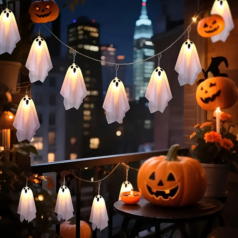 Airy Tulle Ghost Shaped Halloween String Lights, Fabric Floating Spirit Illuminated Decor Lights For Bedroom Eve Scene JJ2398