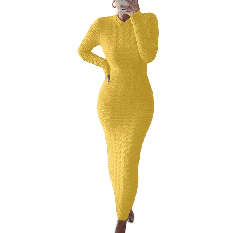 Women Knitted Sweater Dress Round Neck Full Sleeve Long Dresses Thick Skirts Screw Thread Midi Waist Warm Winter Vestidos