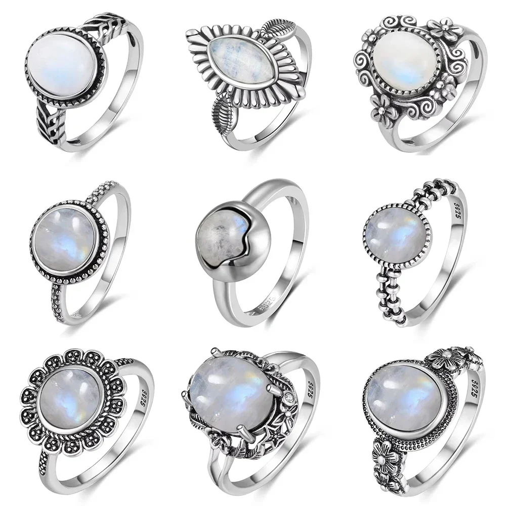 Vintage 925 Silver Ring Natural Moonstone Denier Type Horse Eye Design for Women Men Exquisite Packing Gift