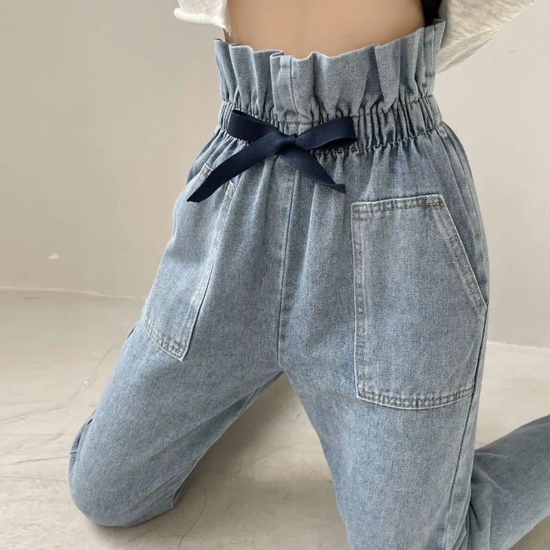 

Women's New Slimming Straight Leg Denim Pants Bow Lace Decor Elastic Waist Haren Cropped Jeans Women's Summer Autumn Long Pants