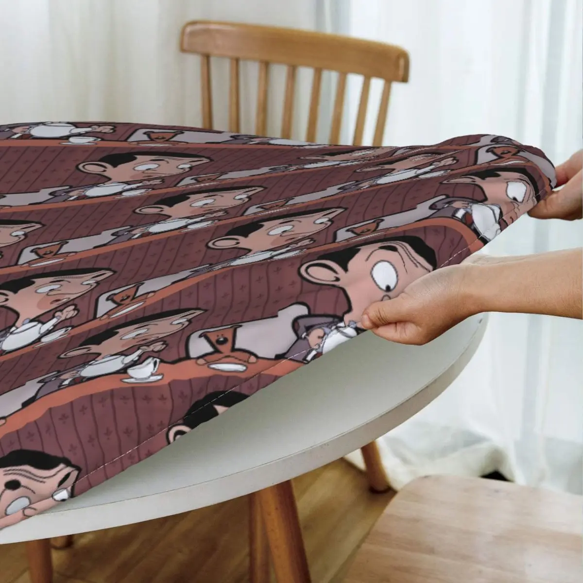 Mr. Bean Cartoon Waterproof Round Tablecloth Oilproof Table Cloth for Kitchen Events Dining Table Cover
