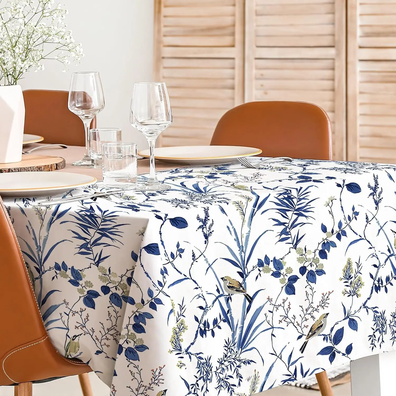 Retro Blue Bird Flowers Waterproof Tablecloth Holiday Party Decor Navy Blue Floral Leaf Rectangle Table Cloth Dining Table Decor