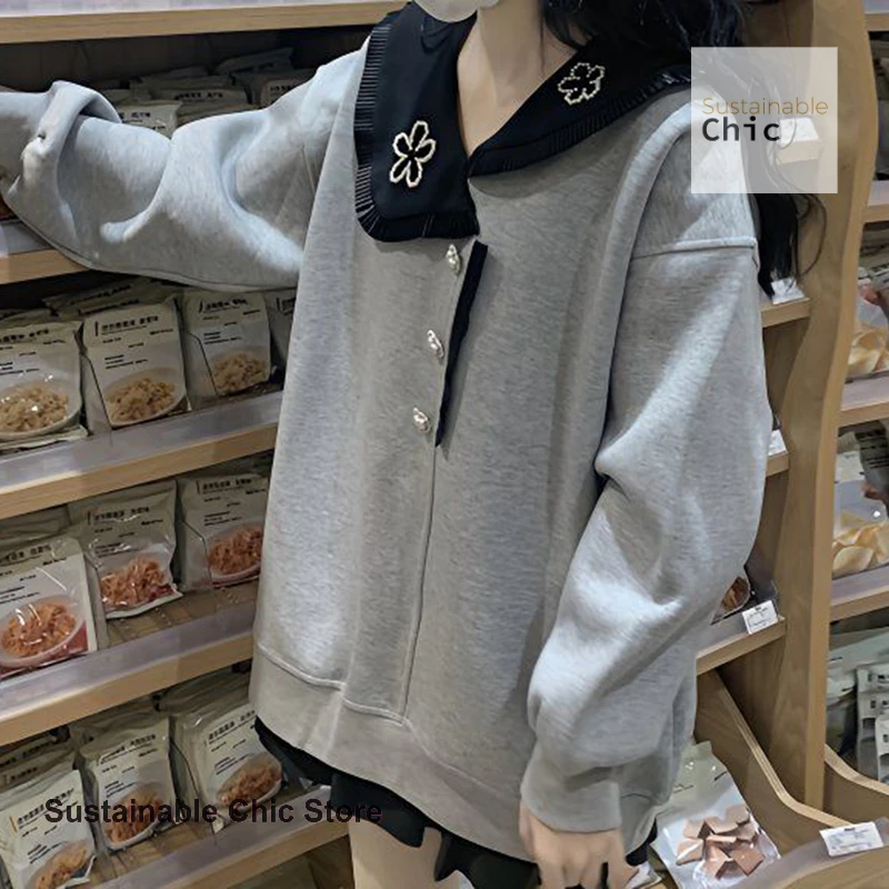 French style gray fashion plus size sweater women's spring and autumn new design sense niche chic doll collar casual Joker top