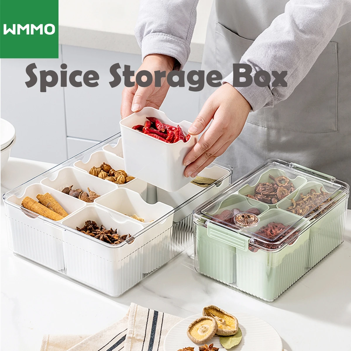 WMMO Grids Divided Tray Storage Box Kitchen Portable Sub-format Seasoning Separator Box Fresh-keeping Snack Fruits Food Box