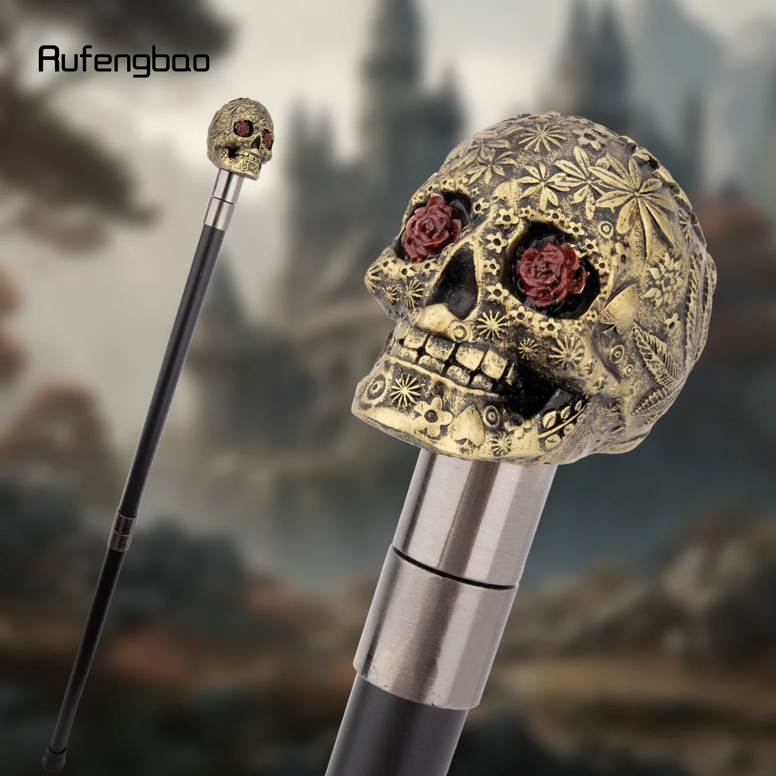 Yellow Resin Flower Skull Head Walking Cane Stick Cosplay, Steampunk Everyday Use with Deluxe Box 94cm Performance Stage Cane