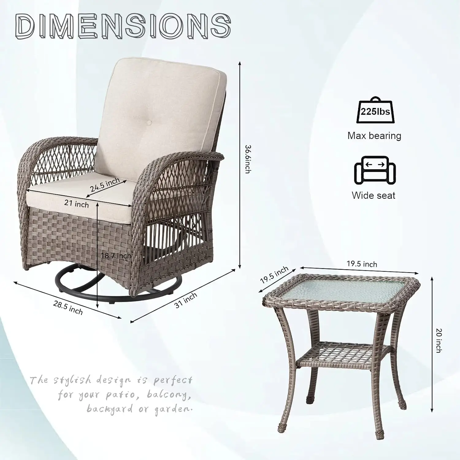3-Piece Rattan Swivel Rocking Chair Set With Side Table & Fabric Cushion For Patio Outdoor, Customized