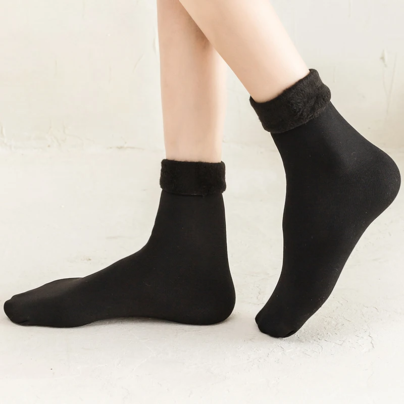 Chaussettes thermiques épaisses pour femmes, chaussettes de neige sans couture, chaussettes en velours, laine, cachemire, peau noire, monochrome,