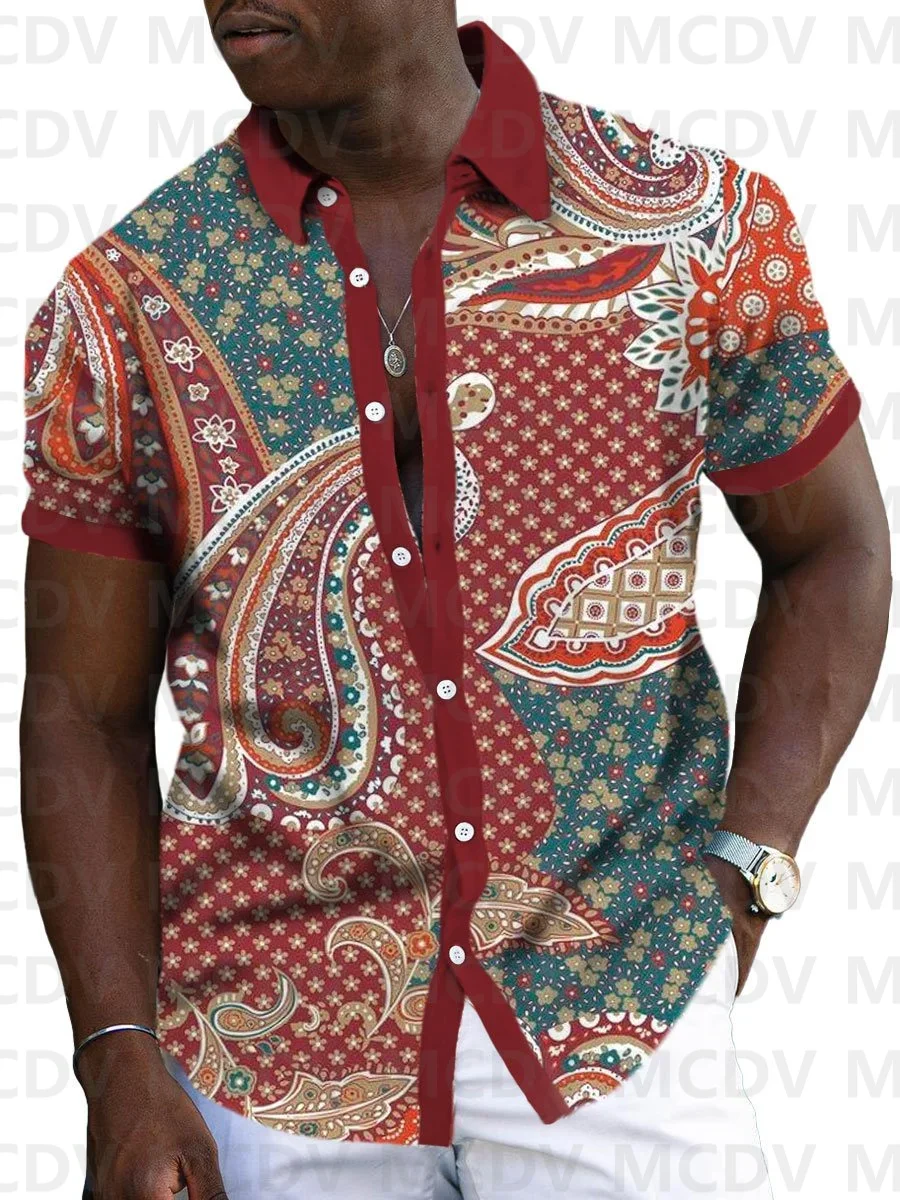 

Colorful Cashew Flower And Geometric Print Casual Short Sleeve Shirt 3D Men Hawaiian Shirts Summer