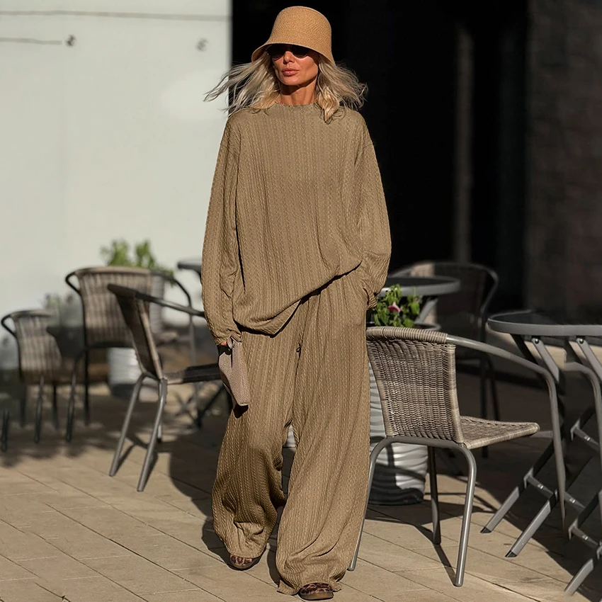 

Linad Brown Casual Long Pant Outfits Fashion O Neck Shirts And High Waist Pants 2 Piece Set Autumn Elegant Loose Jacquard Suits