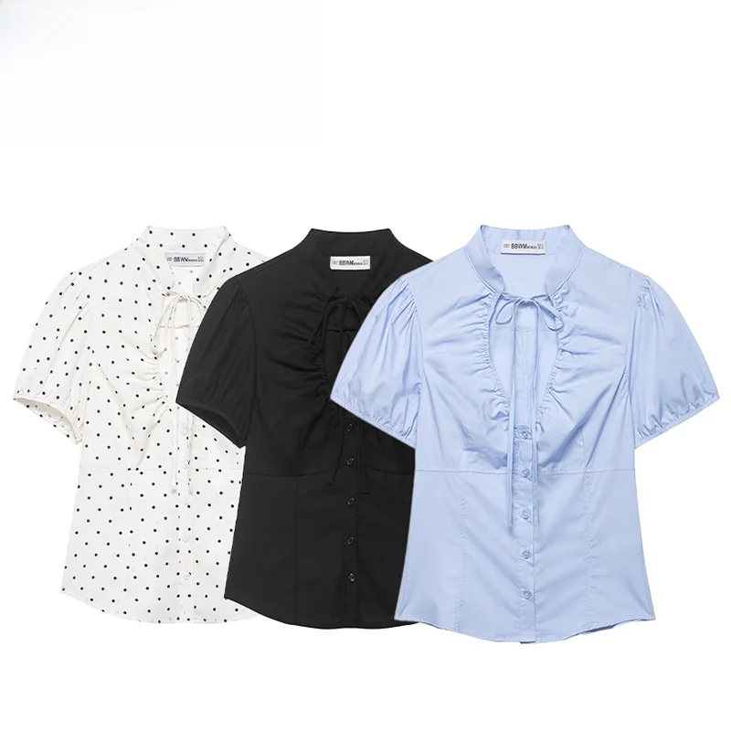 

Spring New Arrival ZR Women's Fashionable Silk Charmeuse Blouse with Knot Decorations Loose Fit Short Sleeve Shirt