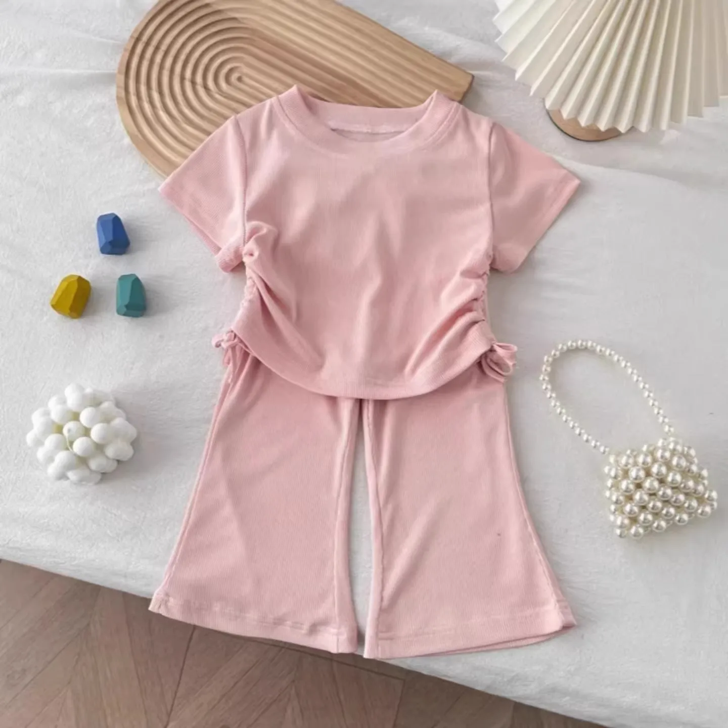 Girls' drawstring short sleeved set 2026 summer new item, versatile summer outfit for girls, Korean version two-piece set