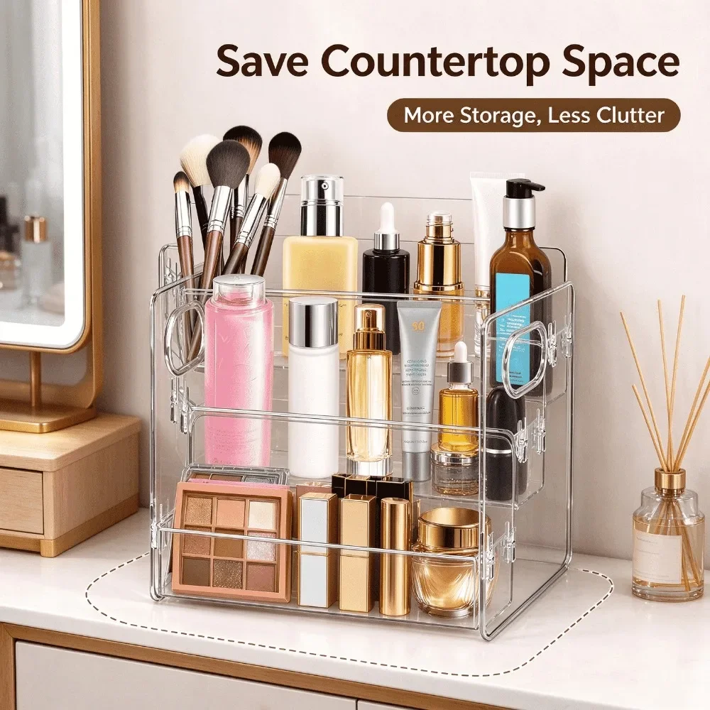 Large 3-Tier Clear Plastic Makeup Organizer with Handles,Multi-Layer Bathroom Counter Storage Rack for Perfume,Skincare,Lotion,Toner,Lipstick,Brushes,Portable Cosmetic Display Shelf for Vanity,Dresser,Bedroom,Bathroom