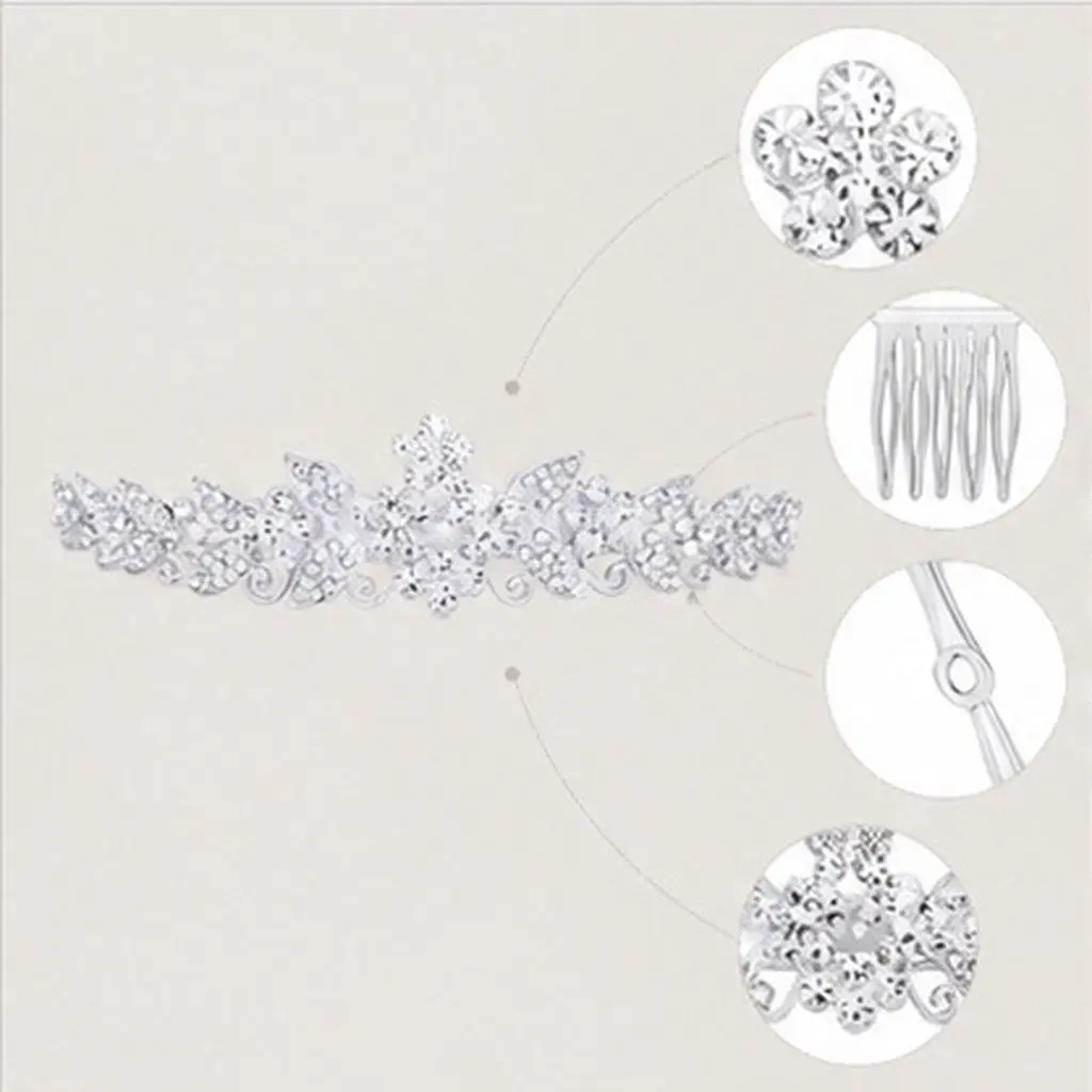 Silver Wedding Crown Tiara Headband Bridal Sparkling Crystal Rhinestones Small Comb Hair Clip Secure Hold Crown Headband