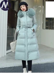 Women's Slim Fit Long Parkas, Hooded Jackets, Fur Collar, Below the Knee, Korean Fashion, Warm Coats, Autumn, Winter, New, 2023