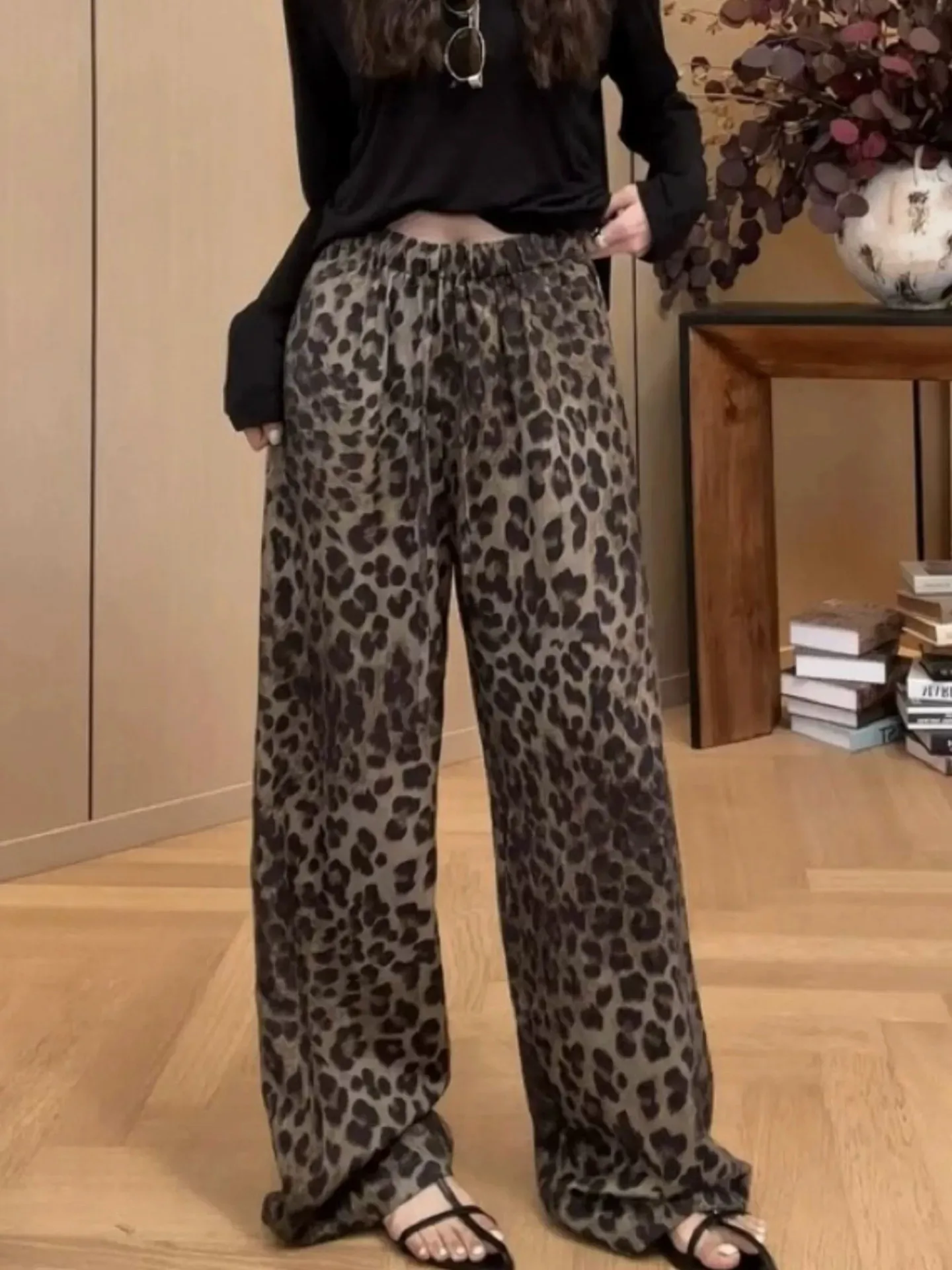 Slim Fit High Waist Wide Leg Pants Casual Leopard Print Elastic Straight Cut Long Trousers Fashionable Spring Summer Ladies