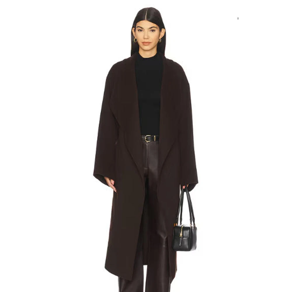 Minimalist Luxury Dark Brown Women's Woolen Long Coat Peak Lapel Oversize Office Casual Female Overcoat