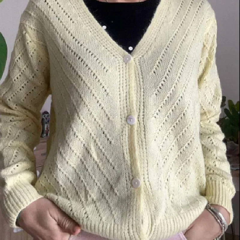 

Casual Women's Cardigans Versatile Tender Yellow V Neck Knitted Hollow Out Sweaters Trendy Soft Tops 2025 New Lady Cardigans