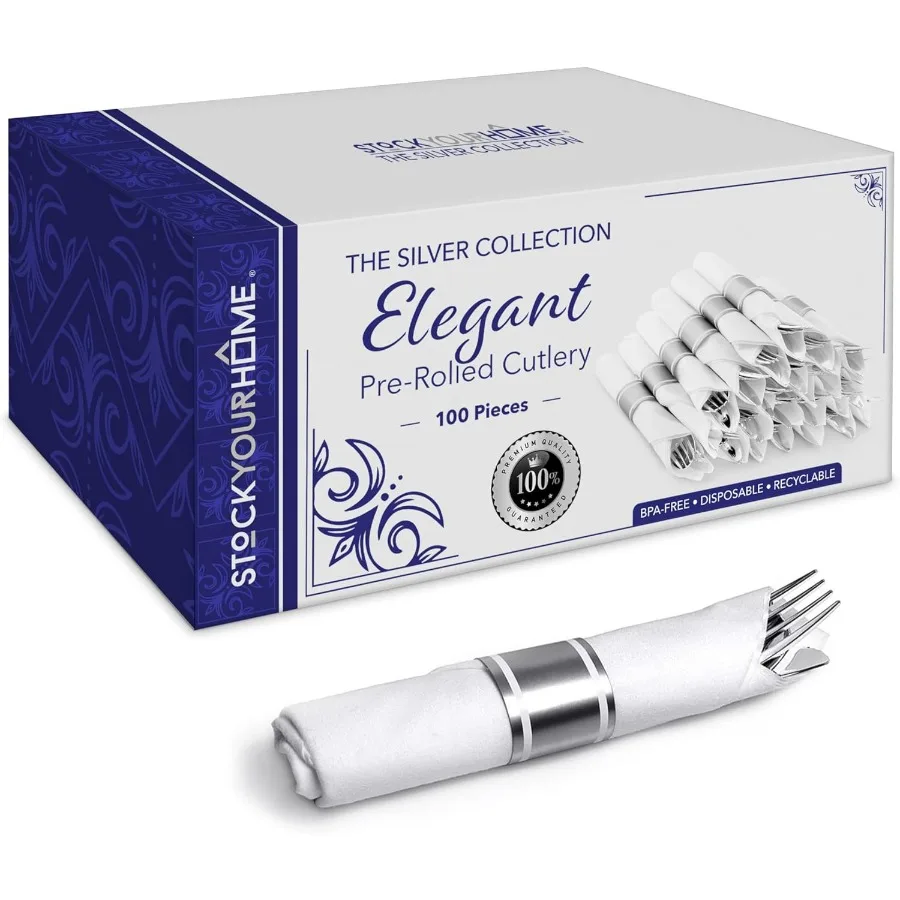 

100 упаковок предварительно скрученных серебряных пластиковых столовых приборов, набор пластиковых столовых приборов в индивидуальной упаковке с 100 вилками, 100 ножей, 100 ложок