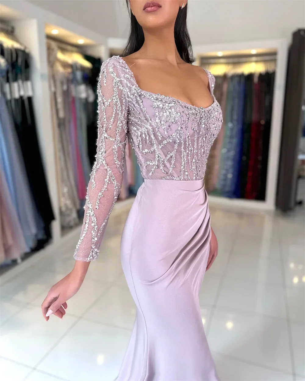 Customized Lavender Beaded Prom Gown Mermaid Evening Formal Elegant Long Sleeves Floor-length Heart Shaped Party Dresses Retro