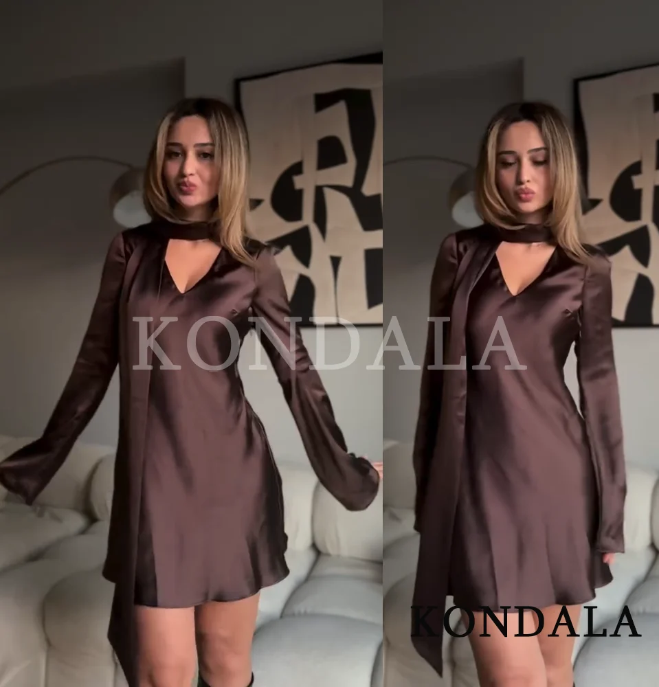 KONDALA Sukienka Satynowa Krótka z Kołnierzykiem Szalowym, Dopasowana Sukienka na Randkę, Moda 2025, Brązowa Sukienka Damska, Seksowna i Urocza Mini Sukienka z Dekoltem w Serek
