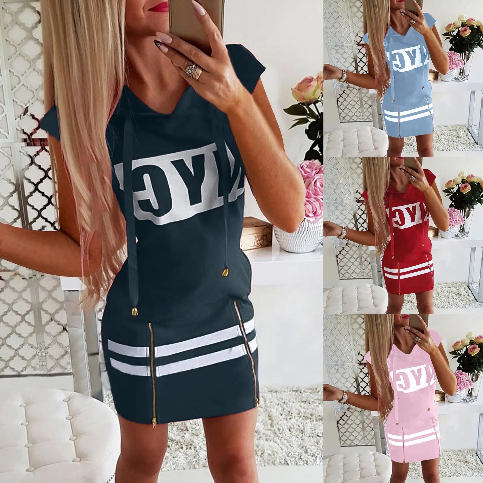 Mulheres zíper moda vestido de manga curta fino ajuste solto curto impressão com capuz pulôver vestidos túnica vestido ropa de mujer notícias