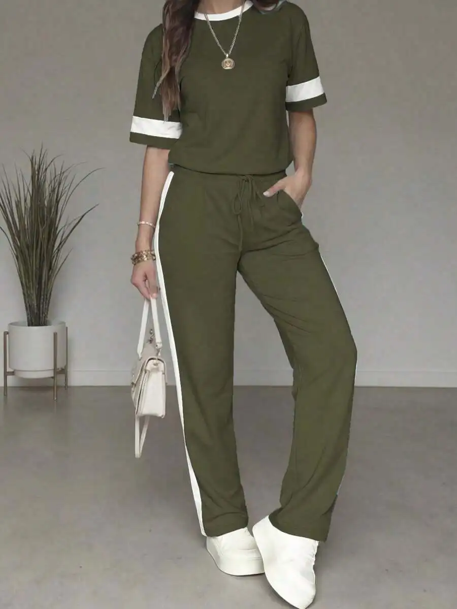 

2pcs Set Women Casual Colorblock Round Neck Short Sleeve Top And High Waist Drawstring Straight Leg Pants