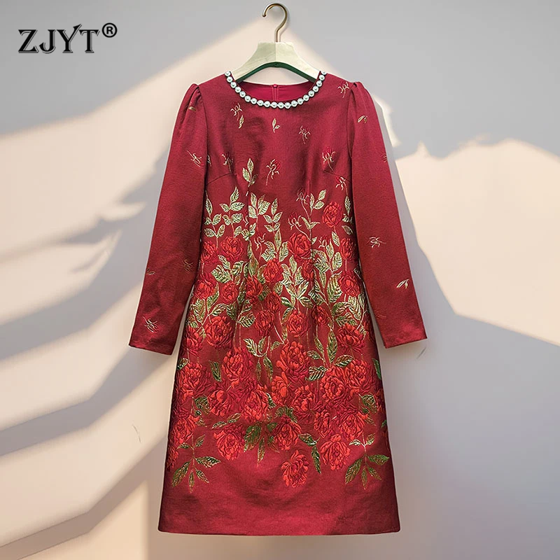 ZJYT Runway 2025 Spring Floral Jacquard Dress Women Long Sleeve Elegant Vintage Beading Red Party Dresses Vestidos Para Mujer