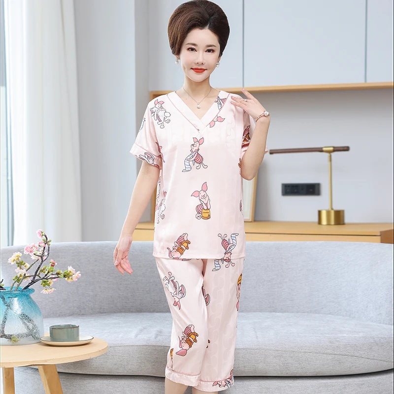 Big Size M-4XL Ladies Sexy Silk Satin Pajama Set Women Pyjama Short Sleeve Calf-Length Pants Pijama Set
