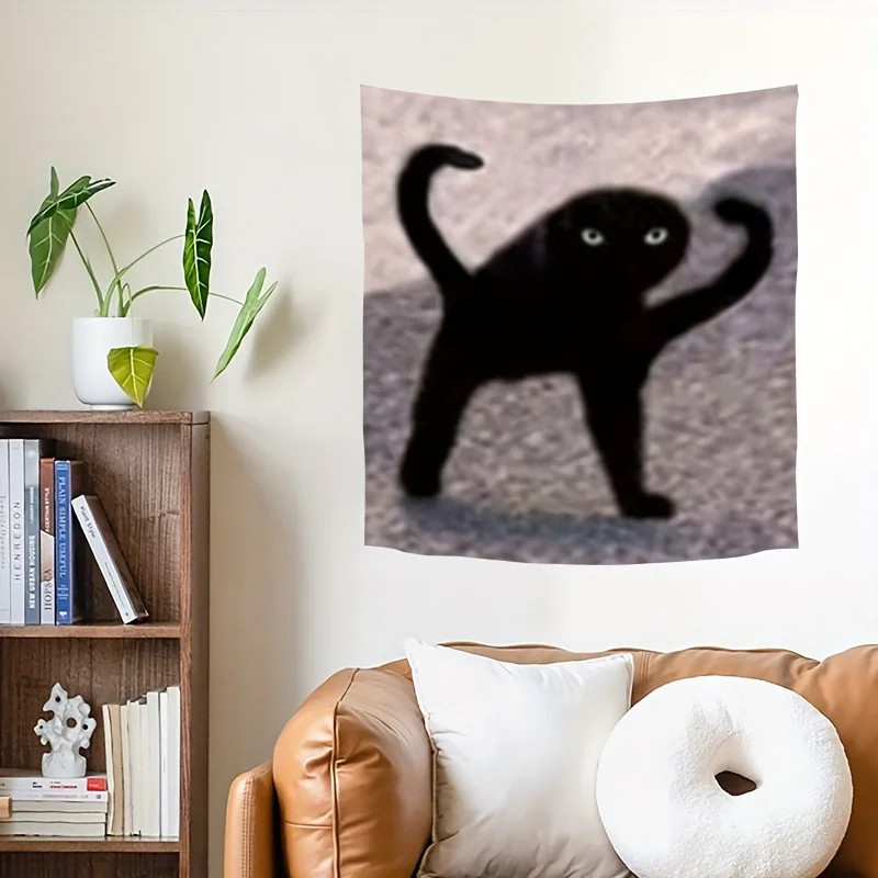 2D Flat Cute Quirky Black Cartoon Cat Tapestry - Polyester Vertical Wall Hanging For Living Room Bedroom Dorm Decor - Valentine'