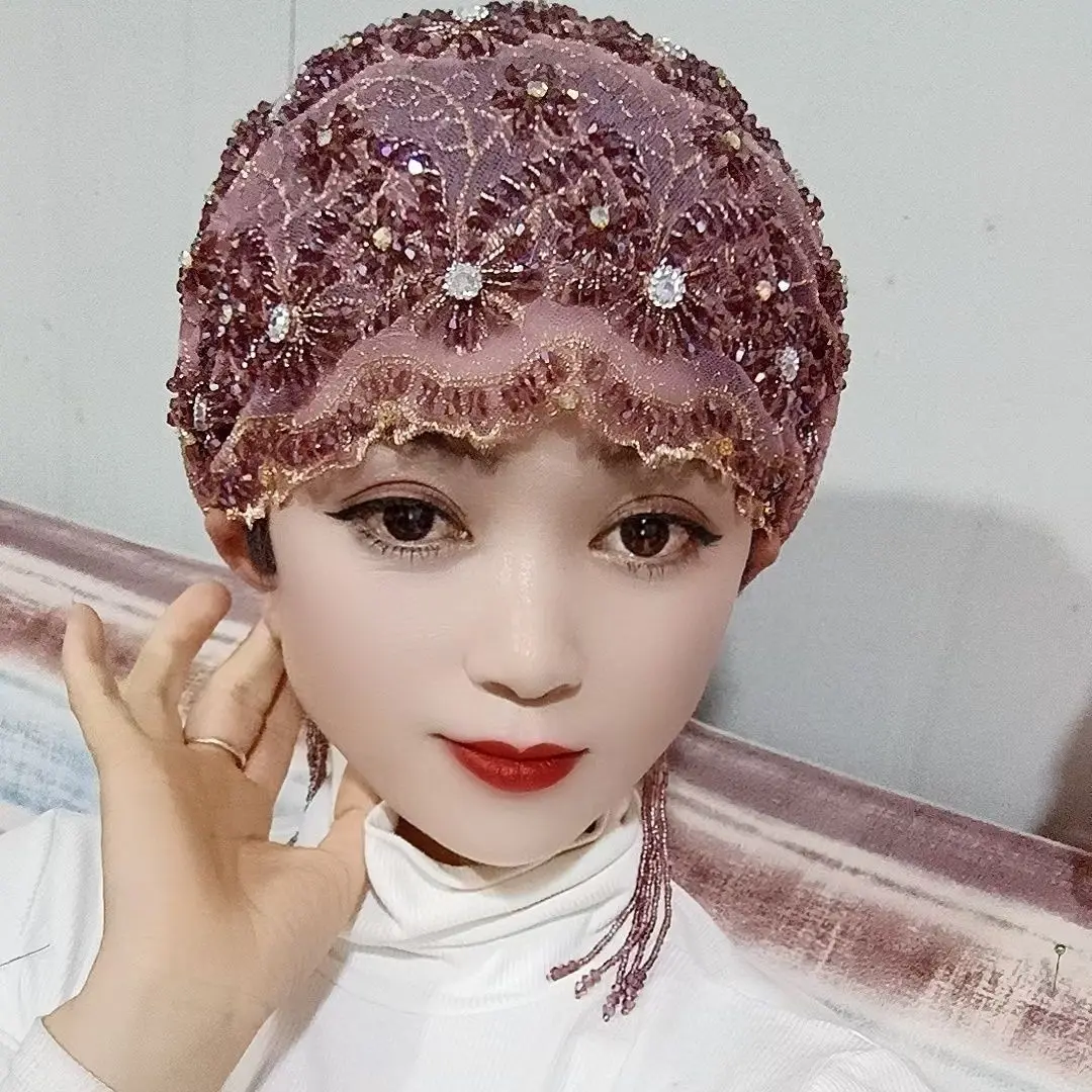 

Luxury Women's Hijabs Mesh Fabric Bead Tassel Hat with Diamond Thread Embroidered Hats Gorgeous Dancing for Party Dubai Girl