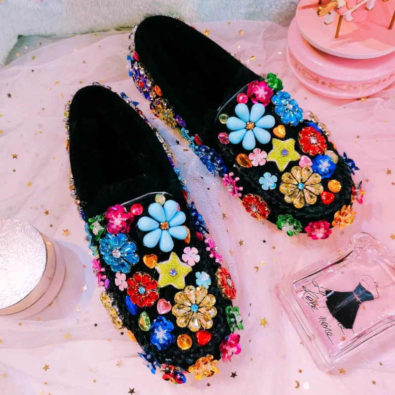 Womens Rhinestones Crystal Rainbow Colors Loafers Fur Furry Flats 3D Flowers Slip On Warm Winter Snow Shoes Luxury DIY