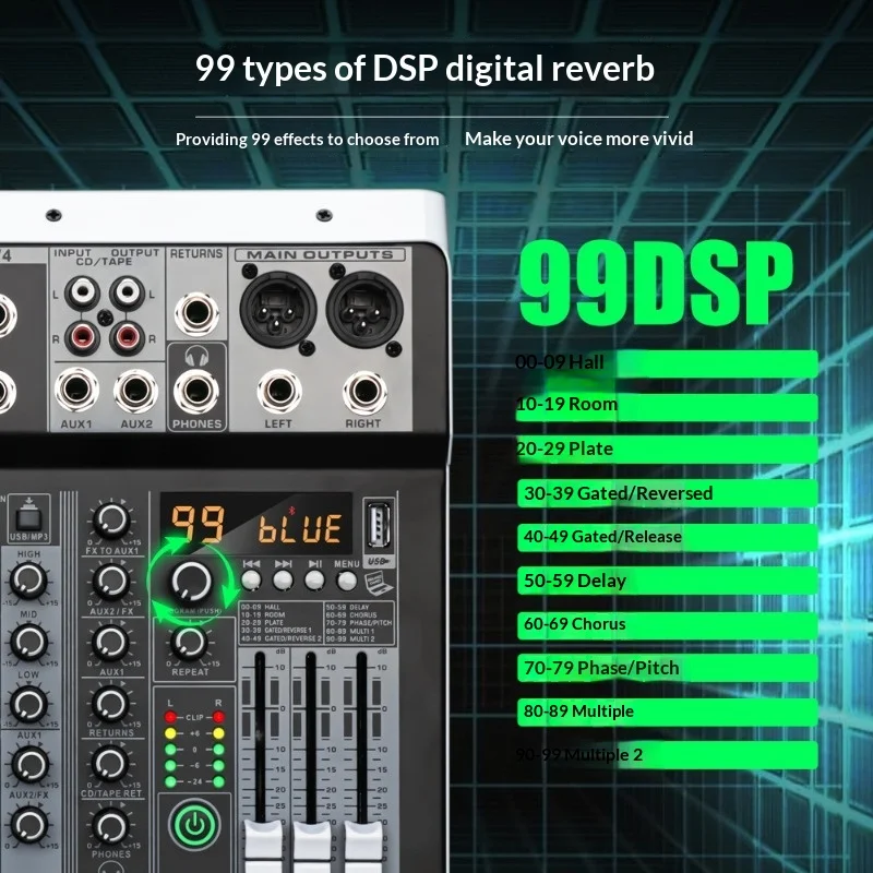 

DSP Bluetooth Small Audio Mixer, 48V Phantom Power & 3-Band EQ, USB MP3 for Live Streaming Stage & Home Karaoke
