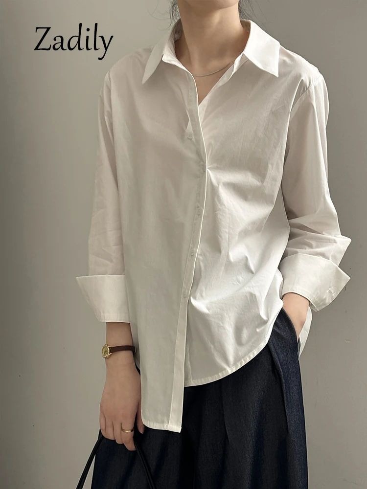 80% Cotton Work Women White Basic Shirt 2024 Summer Minimalist Long Sleeve Woman Blouse Asymmetrical Button Up Female Clothing