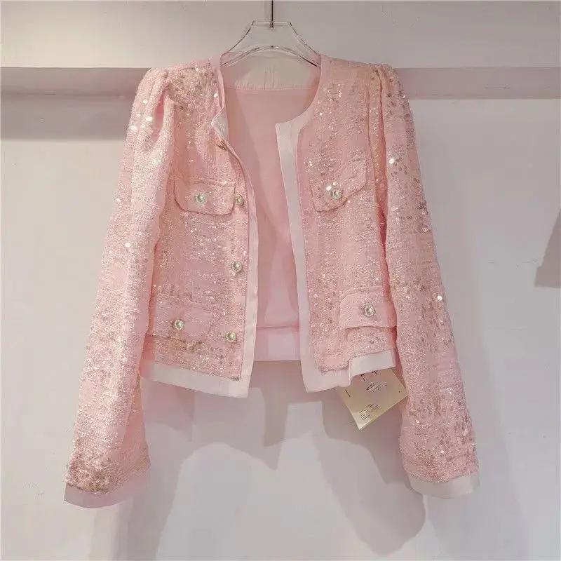 Women's Clothing Outerwear Cardigan Sequins Coat Spring Long Sleeves Stylish Socialite Coat Outerwear Cardigan Versatile Sequins