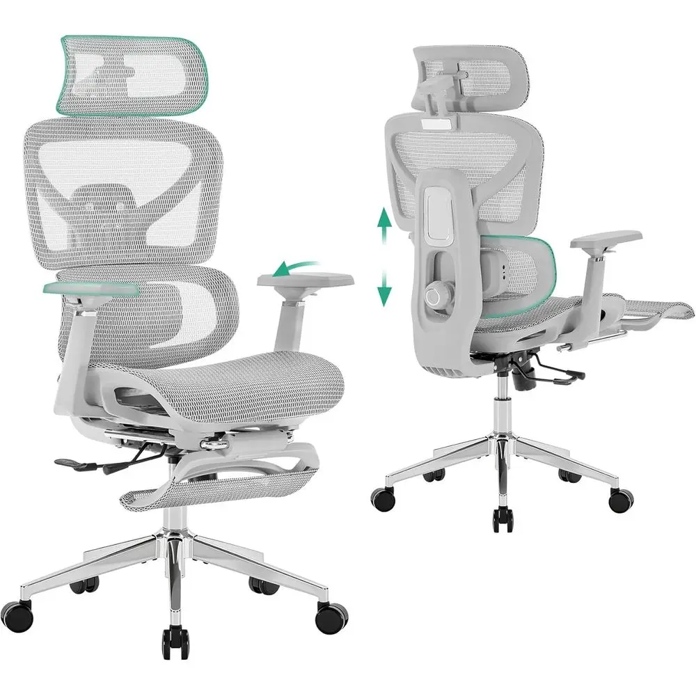 Ergonomic Mesh Office Chair with Footrest - Adjustable Lumbar Support, Recline, 3D Armrests, Light Grey