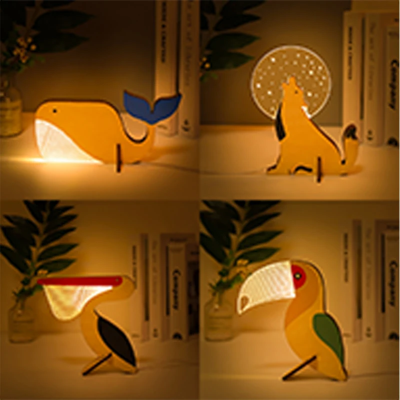 

Animals LED Night Light Wooden Acrylic Table Lamp Ornament For Baby Kids Bedside Lights Pelican Sirius Whale Toucan USB