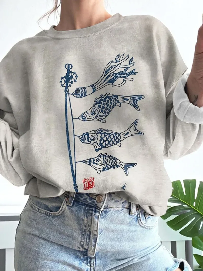 

Street Fashion Whale Print Pullovers Women Spring Autumn Indie Y2k O Neck Long Sleeve Loose Sweatshirts Vintage Tops 2024 New