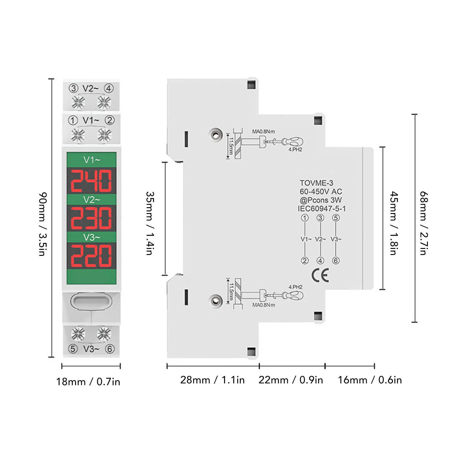 60‑450V 3 Phase AC Voltmeter Din Rail Mount LCD Digital Display Voltage Meter Electric Power Meter 60‑450V