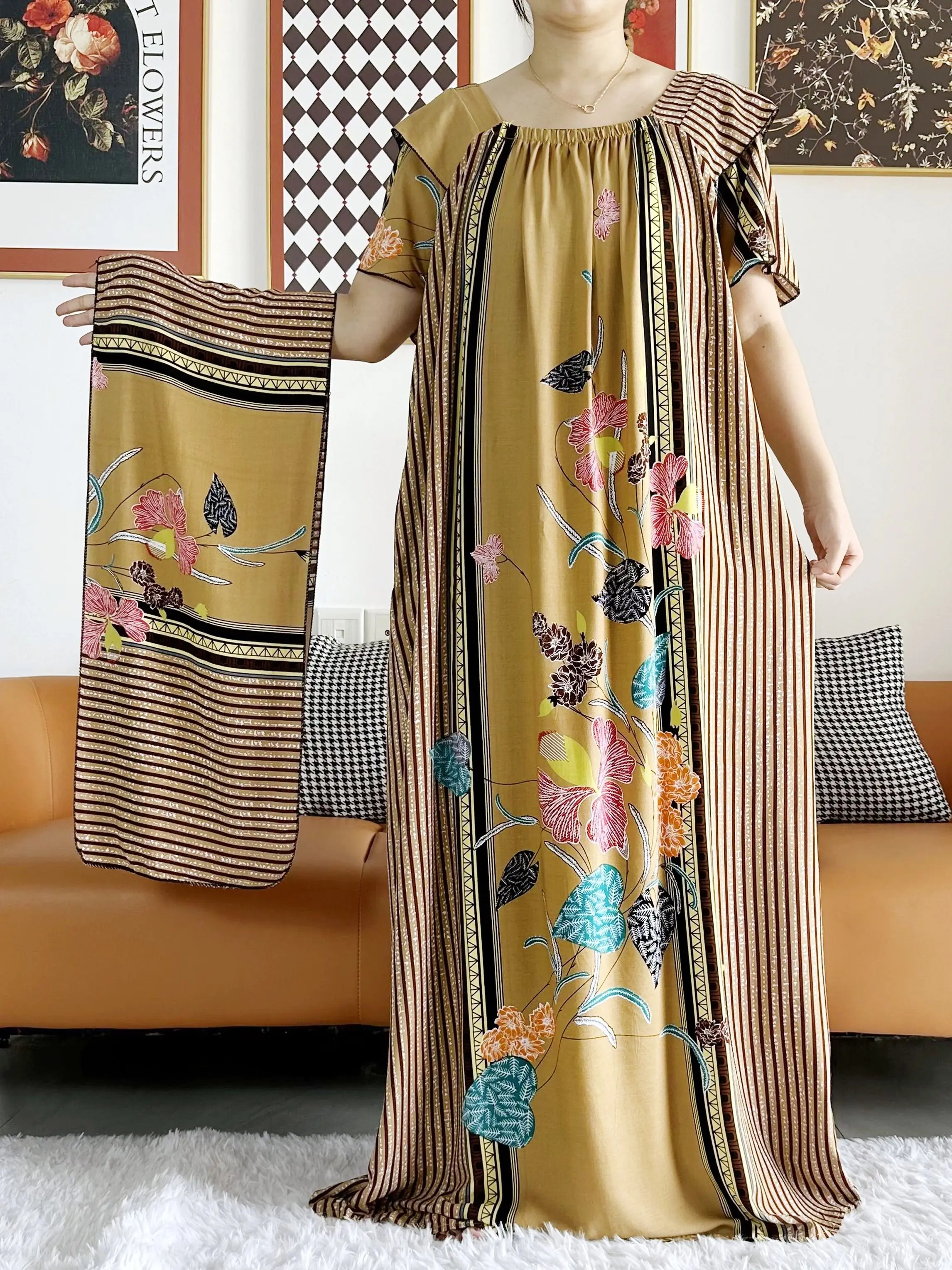 New 2023 Summer Abaya Short Sleeve Dress Dashion Boat-Neck Loose Floral Boubou Maxi Islam Women Dress African Abaya Clothes