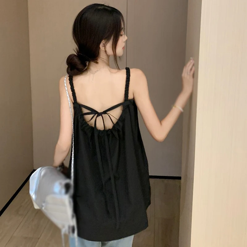 Women\'s Shirt Summer Korean Version Solid Colour Backless Lace Casual Fashion Holiday Style Sleeveless Tank Tops Shirt