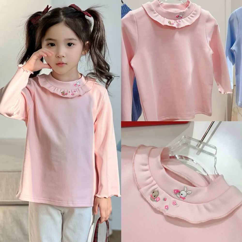 

kids girl clothes spring baby tops kids clothes Cartoon embroidered pink base shirt Long sleeved T-shirt