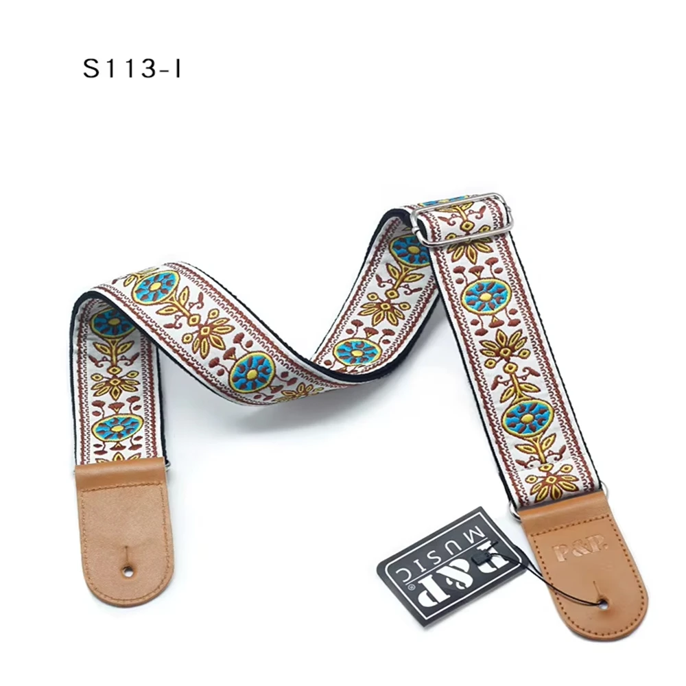 Guitar Strap Embroidered Belt Adjustable Jacquard Band Cotton Leather End For Bass Acoustic Electric Guitar Ukulele Instruments